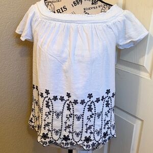 Old Navy White Blouse with Black Floral Embroidery